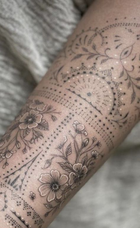 Creative Half Sleeve Tattoos For Women, 3 33 Tattoo, Hip Bone Tattoos Women Cover Up, Ornamental Sleeve Tattoos For Women, Ornamental Botanical Tattoo, Meta Tattoos, Holistic Tattoo Ideas, Tattoo Thigh Sleeve, Feather Tattoo Sleeve