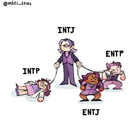 Lmao the last one  -  MBTI art  -  Credit: @mbti_tties Mbti Nt Gang, Nt Mbti, Entp Personality Type, Intp Personality Type, Intp T, Intp Personality, Intj Personality, Intj Intp, Mbti Relationships