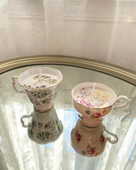 Jenna on Instagram: "In case anyone was wondering, my newest hobby is turning pretty tea cups into pretty candles 🕯🌸" Tea And Candles Aesthetic, Candle In Tea Cup, Candles In Cups, Candle In A Cup, Teacup Candles Diy, Candles In Tea Cups, Cup Candles Diy, Diy Candels, Diy Candle Jar