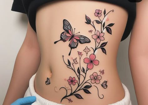 Butterfly With Flowers Tattoo For Women, Butterfly With Flowers Tattoo, Butterfly Tattoos On Arm, Cute Thigh Tattoos, Stomach Tattoos Women, Hand And Finger Tattoos, Beautiful Tattoos For Women, Pretty Hand Tattoos, Small Pretty Tattoos