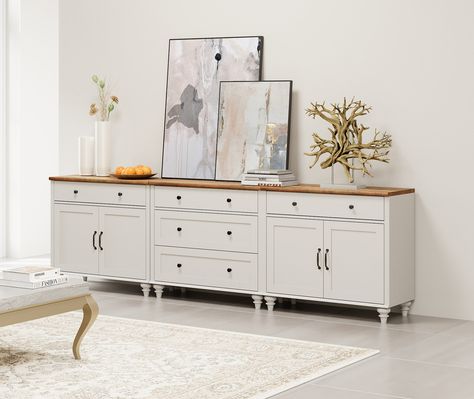 Charlton Home® Sideboard Cabinet With 5 Drawers And 4 Doors, Vintage Wood Grain Design, Buffet Cabinet With Storage,Coffee Bar For Dinning Room, Kitchen,And Living Room, White, 101 Inch | Wayfair Modern Farmhouse Buffet, Farmhouse Buffet Cabinet, Room 101, Doors Vintage, Hallway Cabinet, Sideboard Grey, Grain Design, Buffet Cabinet, Sideboard Furniture