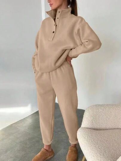 Sweatpants Shein, Sweater Two Piece Set, Dropped Shoulder Sweatshirt, Two Piece Pants Set, How To Hem Pants, Sleeves Clothing, Casual Sportswear, Loose Outfit, Collar Sweater