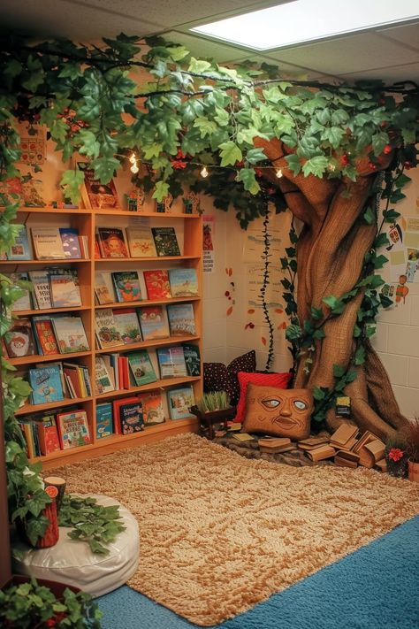 30 Captivating Classroom Themes for Elementary Schools - Roomy Retreat Adventures In Learning Classroom Theme, Desk Ideas Classroom, Whimsical Classroom Theme, Reading Tree In Classroom, Woods Classroom Theme, Elementary School Library Decor, Kindergarten Themes Classroom, Whimsical Classroom Decor, Teacher Classroom Themes