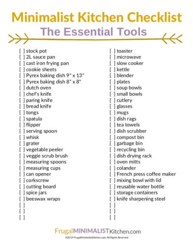 Minimalist Kitchen List: The Essential Tools (Free Printable Checklist) • Frugal Minimalist Kitchen Declutter Kitchen List, Minimalist Essentials List, Minimalist List Of Essentials, Kitchen List For New Home, Frugal Minimalist, Kitchen Tools List, Minimalist List, Kitchen Utensils List, Dutch Oven Soup