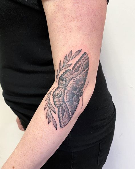 Moth Elbow Bend Tattoo, Black Witch Moth Tattoo, Elbow Moth Tattoo, Moth Elbow Tattoo, Moth Tattoo Placement, Black Witch Moth, Witch Moth, Elbow Tattoo, Elbow Tattoos