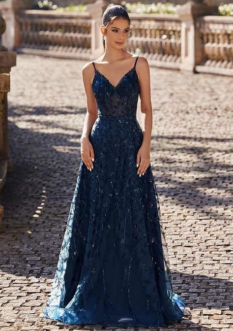 Dark Color Prom Dress, Dresses To Wear To A Ball, A Line Spaghetti Strap Prom Dress, Sparkly A Line Prom Dress, Sweetheart Neck Prom Dress, A Line V Neck Prom Dress, Prom Dresses Highschool, Sparkly Grad Dresses, Navy Blue Floor Length Dress