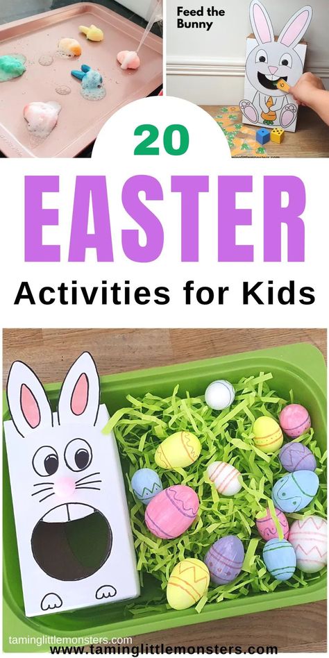 20 Easter Activities for Toddlers and Preschoolers. Fun Easter themed crafts, free printables and play activities for kids. #easter #artsandcrafts #playideas #toddler #preschool #kindergarten Easter Activities For Kids At Home, Easter Activities For Toddlers Crafts, Easter Theme For Toddlers, Outdoor Easter Activities For Toddlers, Easter Cognitive Activities, Easter Center Activities Preschool, Easter Games For Toddlers Outdoor, Easter Art Activities For Toddlers, Easter Activities For Kids Preschool