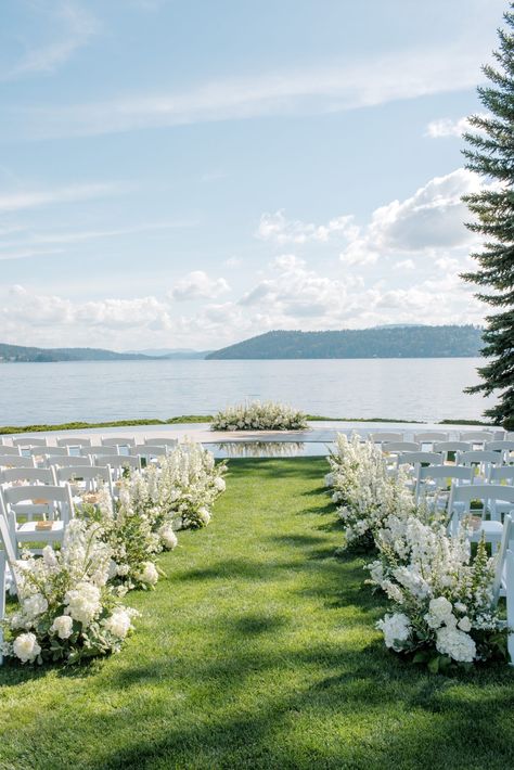 Sophisticated Idaho Lake Wedding with Chinese Traditions | Rocky Mountain Bride The Falls At Blue Ridge Wedding, Lakeside Wedding Flowers, Lake Wedding Alter Ideas, Wedding On The Water Ideas, Waterfront Ceremony Decor, By The Lake Wedding, Backyard Lake Wedding Ceremony, Lake View Wedding Ceremony, Lakeside Wedding Venues