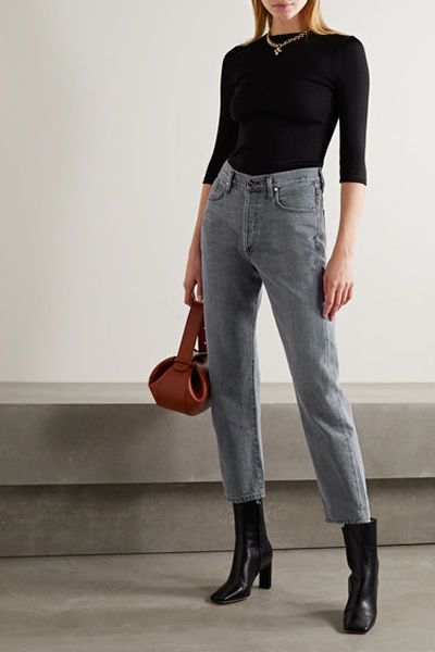 Grey Jeans Outfit, Denim Pants Outfit, Gray Denim Pants, Net Sustain, Straight Leg Jeans Outfits, Work Fits, Jeans Outfit Summer, Jeans Outfits, Dark Outfits