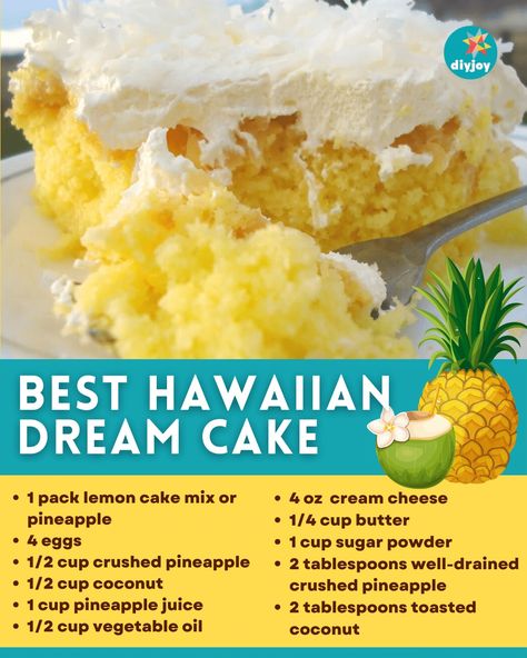 Hawaiian Dream Cake Vanilla Cake With Pineapple Filling, Pineapple Coconut Surprise Cake, Desserts With Pineapple Recipes, Hawaiian Cake Recipe, Hawaiian Pineapple Cake Recipe, Pineapple Coconut Cream Cake, Coconut Pineapple Dream Cake, Pineapple Coconut Dream Cake, Coconut Pineapple Cake Recipe