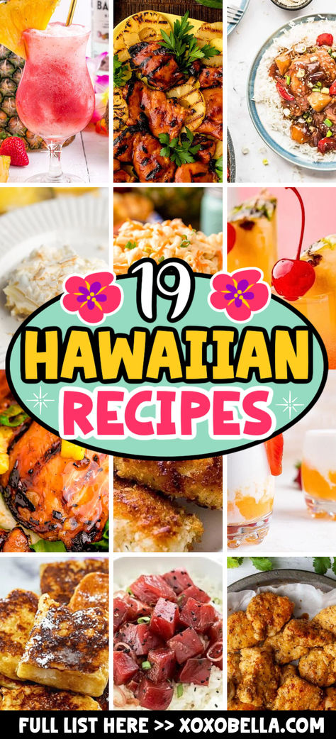 A collage of Hawaiian inspired recipe ideas. Tiki Menu Food, Hawaiian Luau Recipes, Pacific Islander Food Recipes, Pacific Island Recipes, Hawaiian Dinner Ideas, Hawaiin Food Ideas For Party, Hawaiian Dishes Recipes, Hawaiian Potluck Dishes, Hawaii Food Recipes