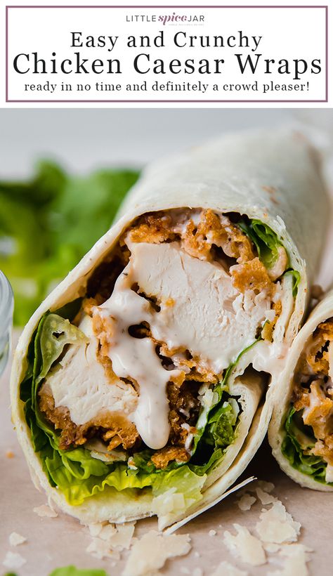 Easy Crunchy Chicken Caesar Wraps - the perfect lunch or dinner that the whole family will love! Use store-bought or homemade tenders! #wraps #chickensandwiches #sandos #wraprecipe #chickencaesar #caesarwraps | Littlespicejar.com Chicken Bacon Ceaser Wrap, Crispy Chicken Ceaser Wraps, Fried Chicken Caesar Wrap, Parmesan Crusted Chicken Caesar Wrap, Chicken Cesear Salad Wraps, Breaded Chicken Wraps, Chicken Tender Wraps, Crunchy Chicken Tenders, Chicken Caesar Salad Wraps