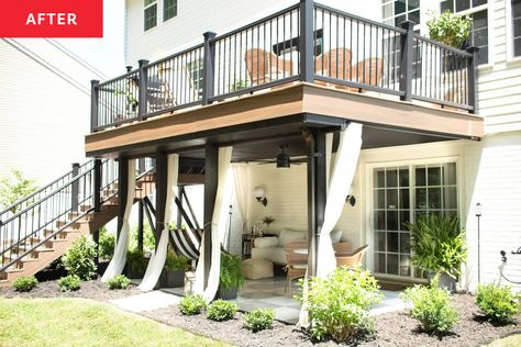 Exterior view of newly renovated patio with outdoor curtains. Backyard Under Deck Patio Ideas, High Decks Backyard, 2nd Floor Deck Ideas, Deck With Patio Underneath, Sunroom Backyard, Second Floor Deck Ideas, Under Deck Ideas, Under Deck Patio Ideas, Townhouse Patio