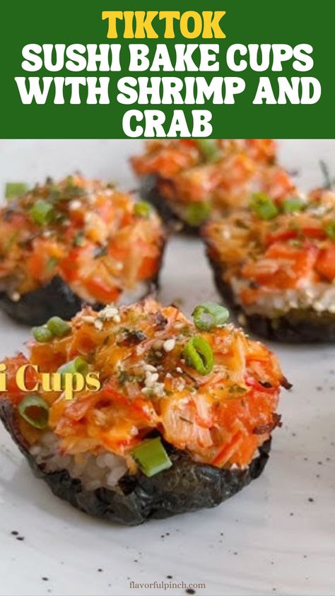 These Sushi Bake Cups with shrimps and crab are a lifesaver on busy weeknights. They're incredibly delicious, fun to make, and perfect for feeding a crowd, potluck. Crab Sushi Cups, Sushi Shrimp Bake, Sushi Bake Shrimp And Crab, Shrimp Sushi Cups, Sushi Bake With Shrimp, Crab Sushi Recipes, Baked Sushi Cups, Shrimp Sushi Bake, Sushi Bake Cups