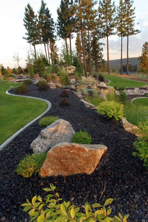 Lava Rock Landscape, Rock Mulch, River Rock Garden, Mulch Landscaping, Drought Tolerant Perennials, Driveway Entrance, Rock Landscaping, Easy Backyard, Front Yard Ideas