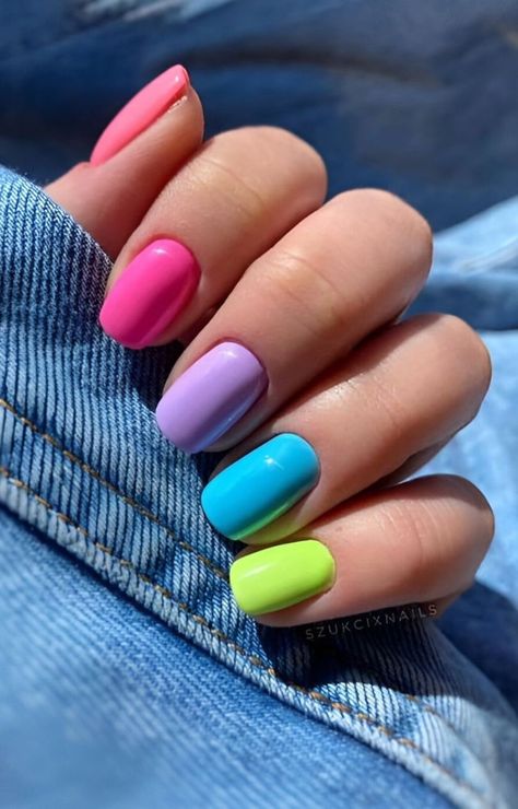 Multi Color Neon Nails, Almond Acrylic Nails Pastel, Cute Nails Colors, Spring Rainbow Nails, The Dye Nails, Kids Gel Nails Ideas, Polish Ideas For Short Nails, Colors To Paint Your Nails, Gel Nails For Kids