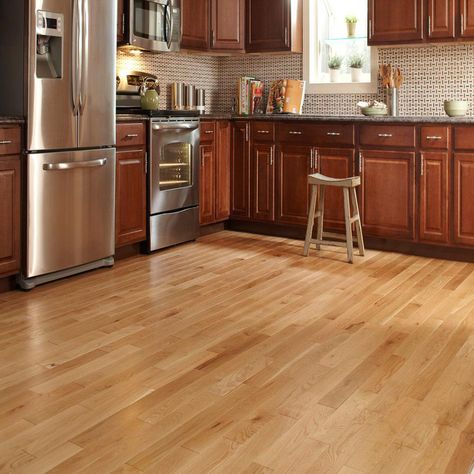 Bruce Hickory Country Natural 3/4 in. Thick x 2-1/4 in. Wide x Varying Length Solid Hardwood Flooring (20 sq. ft. / case)-AHS601 - The Home Depot Hard Wood Floor Stain Colors, Kitchen Vinyl Flooring, Hickory Wood Floors, Kitchen Cabinets And Flooring, Hardwood Floors In Kitchen, Vinyl Flooring Kitchen, Floor Refinishing, Solid Hardwood Flooring, Hickory Flooring