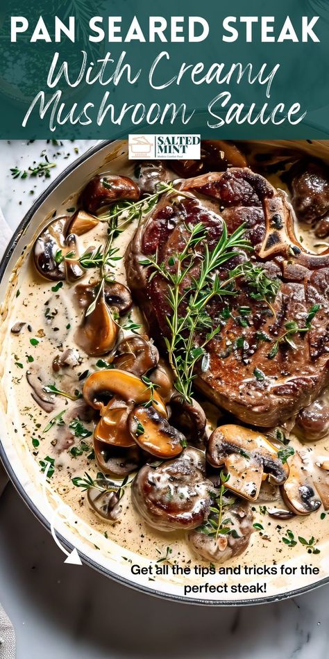 Indulge in the timeless elegance of Steak Diane, a classic steak recipe that combines the rich flavors of steak and mushrooms in a creamy sauce. Whether you choose sirloin or rib-eye, grilled or pan-seared, this dish is an easy yet sophisticated choice for any steak lover looking for healthy dinner ideas. Savory Steak Recipes, 5 Star Steak Dinner, Rib Eye Steak Dinner Ideas, Sirloin Filet Steak Recipes, Sophisticated Dinner Recipes, Onion Gravy Smothered Steak, Ny Strip Steak Dinner Ideas, Beef Rib Eye Steak Recipes, Tenderised Steak Dinner