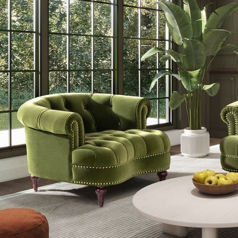 La Rosa 42" Victorian Tufted Upholstered Velvet Accent Chair - Bed Bath & Beyond - 16071520 Living Room Inspiration Green Couch, Solarium Office, Vintage Chairs Living Room, Greenhouse Solarium, Speakeasy Bars, Bookstore Ideas, Fantasy Room, Green Velvet Armchair, Green Velvet Chair