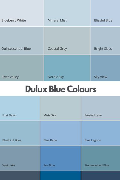 dulux blue colours, a colour chart showing a range of different Dulux blue paint wall colours with baby blue hues through to defining navy blue paint colours. Blue Colour Paint For Bedroom, Blue Shades Wall Paint, Dulux Quintessential Blue, Light Color For Bedroom, Dulux Oxford Blue, Dulux Blue Reflection, Breton Blue Dulux Paint, Indigo Shade Dulux Paint, Shades Of Blue Wall Paint