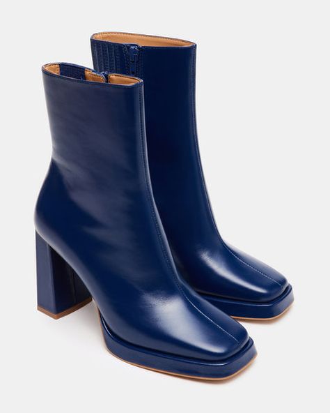 FREYA Navy Leather Square Toe Ankle Bootie | Women's Booties – Steve Madden Affordable Shoes For Women, Shoes Women 2024, Blue Shoes Wedding, Leather Aesthetic, Boots With Jeans, Navy Heels, Navy Boots, Women's Booties, Dr Shoes