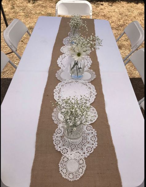 Simple Table Decor For Party, Paper Doily Table Runner, Cheap Table Cloth Ideas Party, Comunion Table Ideas Decoration, Creative Table Decor, Simple Party Table Decorations, Table Decorations For 90th Birthday Party, Simple Wedding Reception Decorations Diy, Simple Party Table Decor