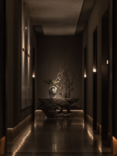 Dark Spa Interior, Luxury Spa Design Interiors Black, Modern Spa Interior Design, Home Spa Business Ideas, Dark Spa Room Aesthetic, Luxury Day Spa Interior Design, Massage Room Lighting, Moody Spa Aesthetic, Spa Interior Design Luxury Spas