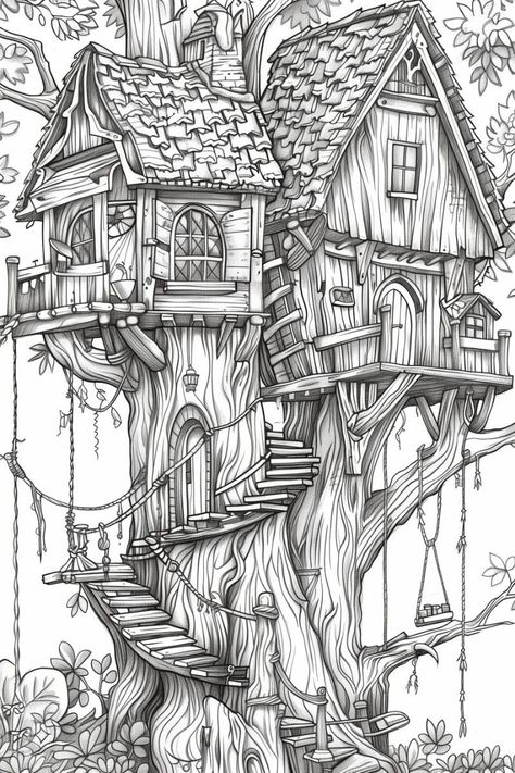 Enter a magical treehouse with enchanting forest scene coloring pages designed for whimsical creativity. Fantasy Treehouse Drawing, Adult Colouring Printables Free, Treehouse Drawing, Scene Coloring Pages, Magical Treehouse, Whimsical Treehouse, Tree House Drawing, Free Adult Coloring Printables, Enchanting Forest