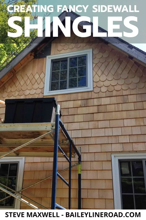 Shingle Patterns Cedar Siding, Wood Shingles Exterior, Cedar Shingles Accent Exterior, Cedar Shake Siding Accent, Tudor Home Exterior, Shingle Art, Off Grid Bathroom, Wood Shingle Siding, Siding Detail