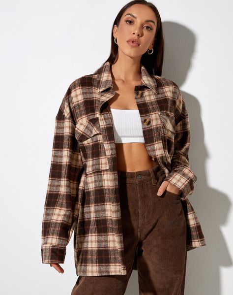 Checkered Shirt Outfit, Flannel Aesthetic, Checked Shirt Outfit, Autumn Shirt Outfit, Hm Outfits, Clothes Haul, Check Blouse, Plaid Shirt Outfits, Brown Flannel