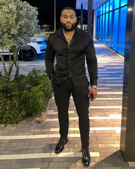 All Black Graduation Outfit Men, Turtle Neck Wedding Outfit Men, All Black Button Up Outfit Men, Black Male Date Night Outfit, Black Casual Men Outfit, Vegas Outfit For Men, Dinner Outfits Men Casual, Black Man Formal Outfits, Men Formal Outfit Ideas