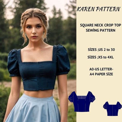 Squara Neck Crop Top Sewing Pattern, Short Sleeve Cottagecore Crop Top,Fitted Crop Top Pattern, Crop Blouse Top,Coquette XS-4XL Patterns For Blouses For Women, Crop Shirt Pattern Sewing, Pattern Clothes Women, Beginner Sewing Top Patterns, Free Womens Top Sewing Pattern, Cute Top Sewing Patterns Free, Shirt Sewing Ideas, Free Crop Top Sewing Pattern, Sewing Crop Top