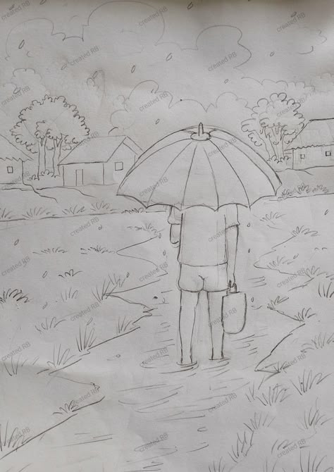 Monsoon Scenery Drawing, Easy Memory Drawing, Monsoon Season Drawing For Kids, Monsoon Drawings Ideas, Monsoon Season Drawing, Composition Drawing Easy, Figures Sketch, Human Figure Drawings, Scenery For Kids