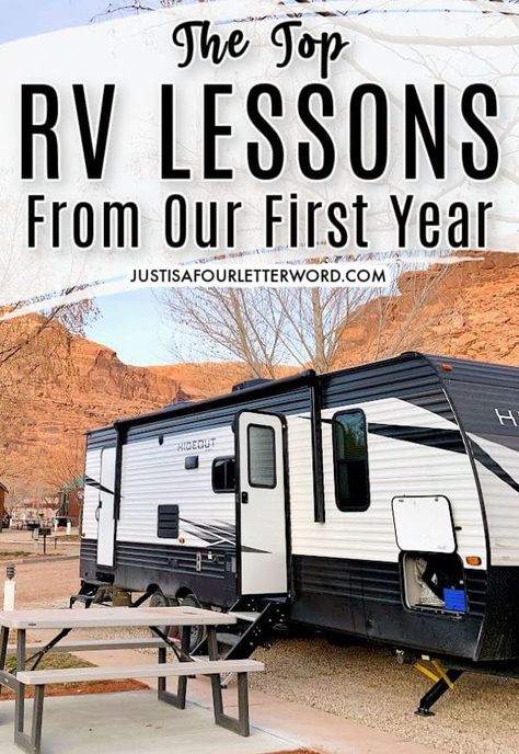 After a year, these RV lessons learned took a lot of research, reading, trial and error. From our favorite apps and research notes to what we think a year later, I'm spilling what I know! Rv Living Ideas Full Time, Travel Trailer Living Ideas, Living In Motorhome, Living In Travel Trailer Full Time, Long Term Rv Living, Camper Dishes, Full Time Camper Living Hacks, Living In A Camper Full Time, Permanent Rv Living