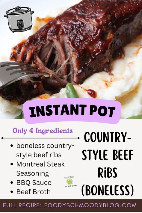 No knife needed for these beefy boneless country style ribs. So tender! Simple seasoning and no crazy ingredients needed. The key to tenderness when using an Instant Pot for meat / beef is to make sure you let the pressure naturally release. Pair these ribs with mac and cheese - yum! Country Short Ribs Instant Pot, Western Style Ribs Instant Pot, Boneless Beef Short Rib Recipes Instant Pot, Beef Chuck Short Ribs Recipes Boneless Instant Pot, Instant Pot Boneless Ribs Recipe, Country Spare Ribs Instant Pot, Instant Pot Beef Ribs Boneless, Boneless Pork Rib Recipes Instant Pot, Boneless Country Ribs Instant Pot