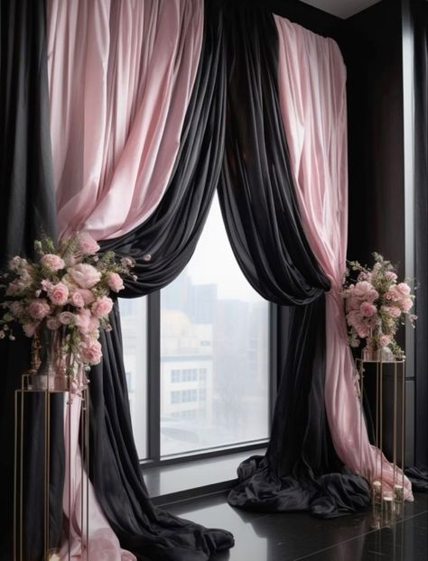 Black And White Wedding With Pink Flowers, Black And Blush Wedding Dress, Blush Pink And Black Quinceanera, Black And Soft Pink Wedding, Black Ivory And Rose Gold Wedding, Black Pink Party Theme, Black And Pink Boho Wedding, Pink And Black Masquerade Party, Pink Black And Gold Wedding Decor