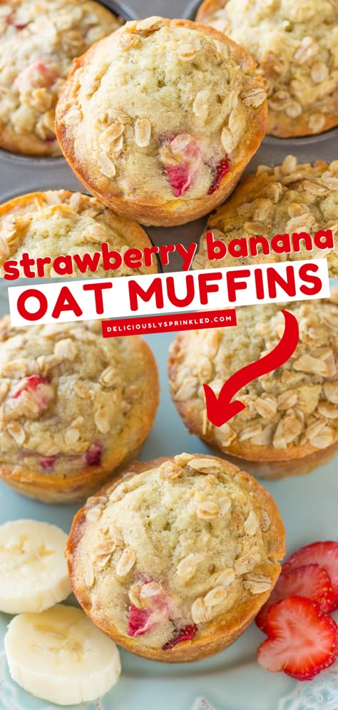 Strawberry Banana Muffins Healthy, Banana Raspberry Recipes, Banana Strawberry Muffins, Strawberry Oat Muffins, Oatmeal Streusel Topping, Strawberry Oatmeal Muffins, Homemade Muffins Recipe, Muffins From Scratch, Strawberry Banana Muffins