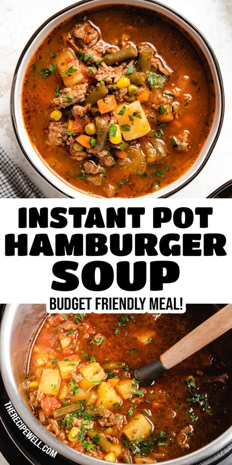 This Instant Pot Hamburger Soup recipe is easy and budget friendly, but doesn't skimp on flavour! Made with extra lean ground beef, frozen vegetables and a handful of pantry staples, this delicious soup will earn a repeat spot on your menu! Instapot Hamburger Vegetable Soup, Ground Beef Recipes Instant Pot, Instant Pot Hamburger Soup, Beef Veggie Soup, Recipes For Students, Hamburger Soup Recipe, Veggie Soup Recipes, Hamburger Vegetable Soup, Beef Recipe Instant Pot