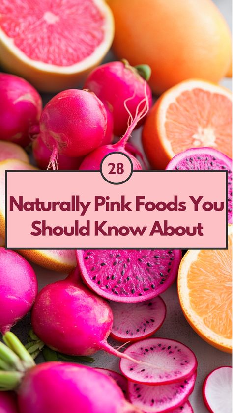 A variety of naturally pink foods displayed, including dragon fruit, pink grapefruit, and radishes, showcasing their vibrant colors and health benefits. Pink Food Savoury, Healthy Pink Food, Pink Savory Food, Pink Dinner Food, Pink Healthy Food, Pink Meals, Pink Places, Pink Snacks, Pink Treats