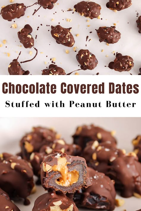 View on a few chocolate covered dates stuffed with peanut butter. Dark Chocolate Covered Dates, Peanut Butter Chocolate Date Bites, Peanut Butter Chocolate Dipped Dates, Dates Peanut Butter Balls, Fig Peanut Butter Chocolate, Dark Chocolate Dates, Date Peanut Butter Chocolate Bark, Peanut Butter Chocolate Dates, Peanut Butter Dates Chocolate