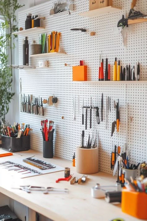 "Stay organized in style with a DIY pegboard organizer! Perfect for crafts, tools, or kitchen essentials. 🛠️✨ #DIYHomeDecor #Organization #CraftRoomIdeas" Pegboard Bedroom Ideas, Craft Supplies Organization, Diy Pegboard, Camera Studio, Minimal Setup, Jewelry Bench, Pegboard Ideas, Artist Workspace, Furniture For Bedroom