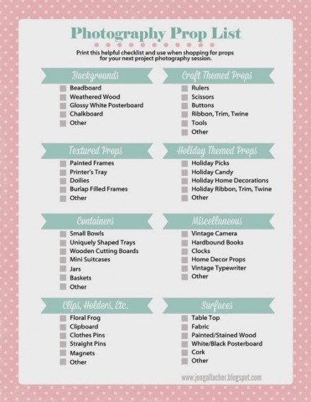 Freebie - Photography Prop List from Jennifer Gallagher Photography Studio Ideas, Photo Prop Ideas, Photography Checklist, Photography Business Ideas, Diy Photography Props, Photography Studio Setup, Photo Props Diy, Wedding Photography Checklist, Diy Props