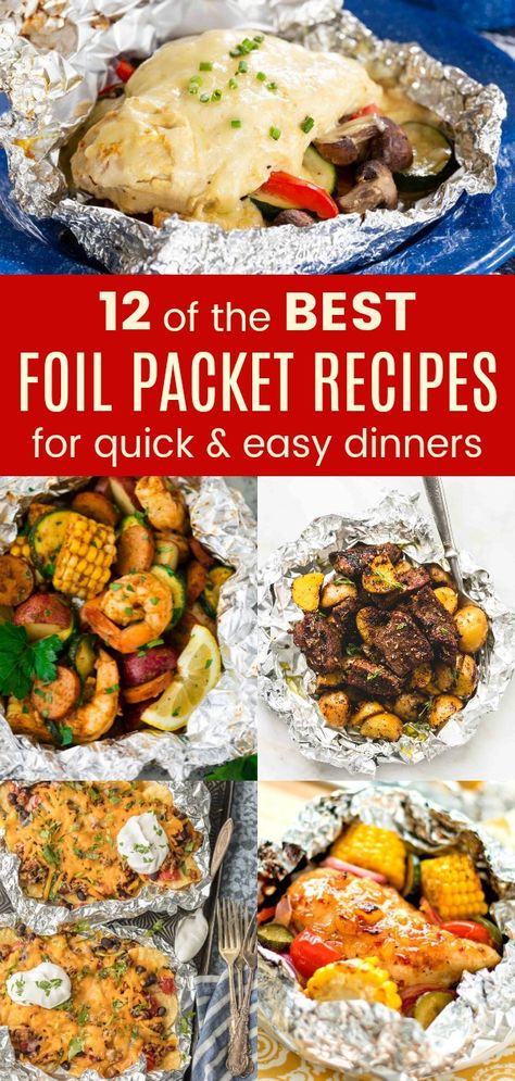 12 of the Best Foil Packet Recipes for Quick and Easy Dinners Foil Packet Recipes, Vegan Grill, Easy Campfire Meals, Tin Foil Dinners, Campfire Meals, Steak Shrimp, Foil Pack Dinners, Foil Packet Dinners, Foil Pack Meals