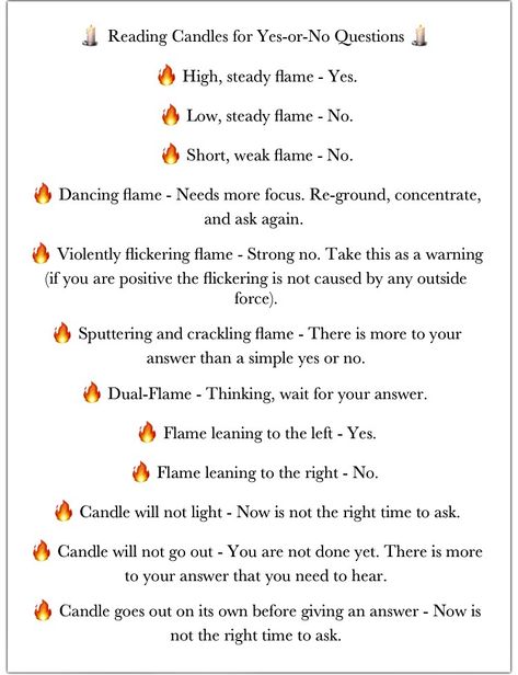 :: Reading Candles for Yes-or-No Questions 🕯✨• Fire Reading Witchcraft, Anointing A Candle, White Candles Meaning, How To Talk To Spirits With Candles, Candle Flame Language, Preparing Candles For Spells, Candle Magic Flame Reading, Flame Reading Witchcraft, 7 Day Candle Magic