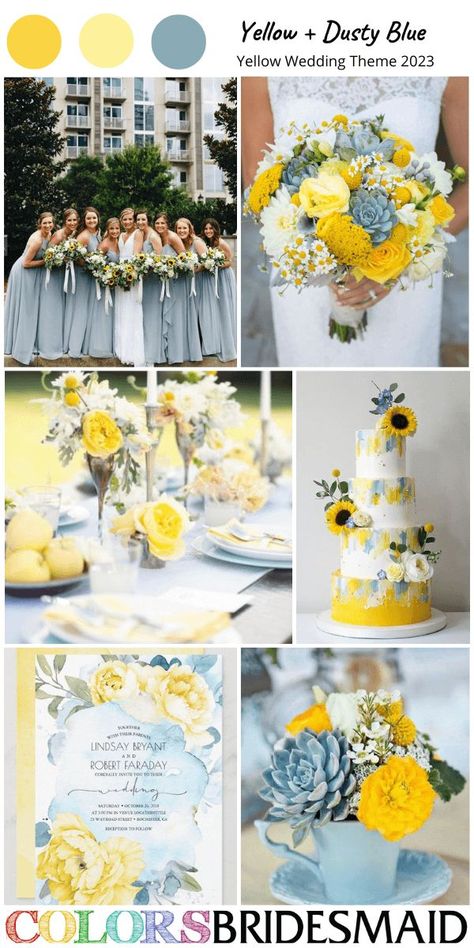 yellow and dusty blue for yellow wedding theme for 2023, dusty blue bridesmaid dress, white bridal gown, yellow, dusty and white flowers in a bridal bouquet, wedding centerpieces, wedding table setting, wedding invitation with yellow and dusty blue background printing, white, dusty blue and yellow wedding cake. #weddings #weddingideas #weddingcolors #bridesmaiddresses #colsbm #2023 #yellowwedding #yellowanddustyblue Yellow Wedding Colors Schemes, Blue Yellow Weddings, Wedding Color Palette Ideas, Grey Wedding Theme, Wedding Color Schemes Summer, Yellow Grey Weddings, Yellow Wedding Colors, Gray Wedding Colors, Wedding Color Palette Summer