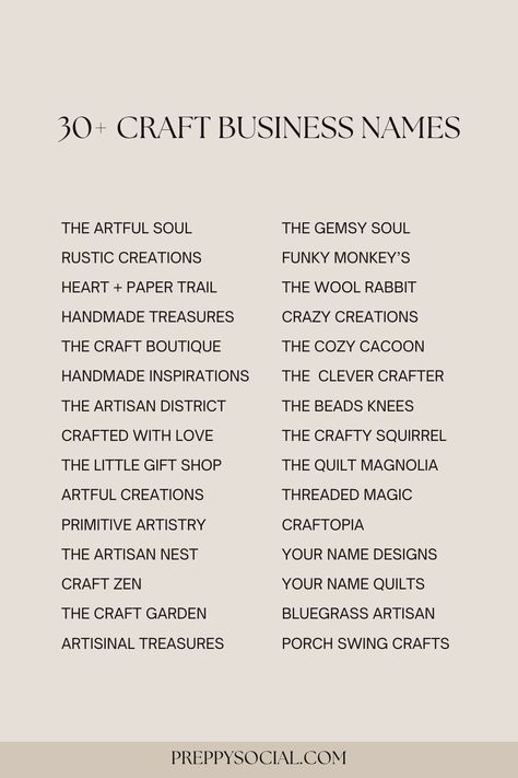 35 Craft Business Names That Will Inspire You

Looking for a unique and inspiring name for your craft business? Check out this list of 35 great options! #craftbusiness #craftnames#Craft_Account_Names_For_Instagram #Crochet_Account_Name_Ideas #Names_For_Crochet_Business #Cricut_Business_Names Crochet Account Name Ideas, Page Name Ideas Facebook Aesthetic, Decorating Business Names, Business Account Name Ideas, Unique Business Names Ideas Creative, Craft Names For Business Ideas, Craft Name Ideas, Art Account Names Ideas Instagram, Crochet Names Ideas