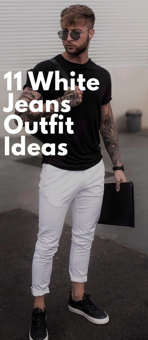 11 White Jeans Outfits To Master Smart Casual Look Mens White Pants Outfit Summer, Off White Jeans Outfit Men, White Jeans Outfit Men Summer, Men’s White Pants, Men’s White Jeans, White Pant Outfits Men, White Pants Outfit Men Casual, White Jeans Outfit Men Street, Black White Outfit Men