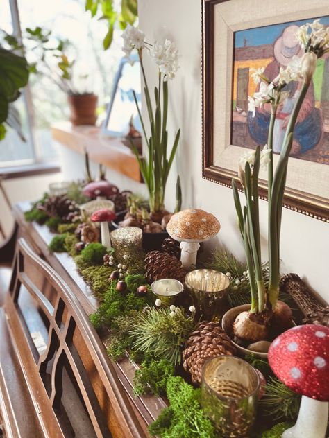 Papier mache Mushrooms, paperwhites Mushroom Core Decor, Cottage Core Table Centerpiece, Cottage Core Mushroom Aesthetic, Mushroom Mantle Decor, Mushroom Table Centerpieces, Christmas Mushroom Decor, Mushroom Display Ideas, Moss Mantle Decor, Woodland Mantle Decor