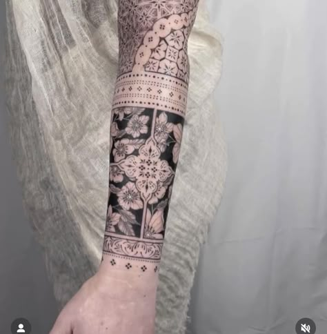 Wrist Pattern Tattoo, Aztec Wrap Around Tattoo, Hand To Forearm Tattoos For Women, Islamic Art Tattoo, Ornamental Half Sleeve Tattoo, Lattice Tattoo, Quilt Pattern Tattoo, Quilt Block Tattoo, Patterned Tattoos