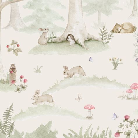 Nursary Decor Woodland Creatures Nursery, Birds And Bees, Forest Animal Nursery, Woodland Wallpaper, Unicorn And Fairies, Monochrome Nursery, Baby Animal Drawings, Nursery Room Inspiration, Whimsical Wonderland